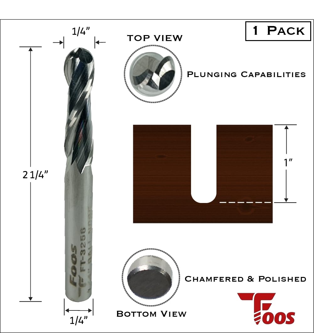 FOOS - Ball Nose Spiral Router Bit - Solid Carbide - 1/4” Shanks - Veteran Owned (1/4" Cutting Diameter)