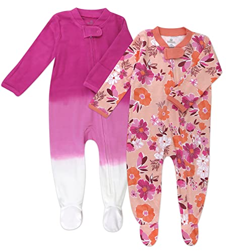 Image of HonestBaby Footed Sleep & Play Pajamas Organic Cotton for Infant Baby Girls (Last Chance), Dreamy Floral Pink Peach, 0-3 Months