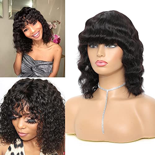 iShine Short Curly Wavy Bob Wigs for Women Real Human Hair Wig Natural Black Wig with Bangs 12 Inch Curly Wigs 130% Density None Lace Front Wig -(#1B)