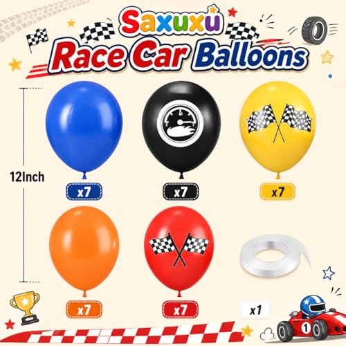 Image of Race Car Balloons, 12 Inch Blue Black Yellow Orange Red Checkered Flag Car Balloons for Boy Race Cars Themed Birthday Graduation Baby Shower Backdrop