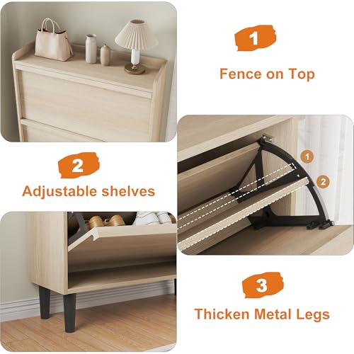 GarveeHome Shoe Cabinet with 2 Flip Drawers, Wooden Shoe Organizer with Adjustable Shelf, Shoe Storage for Entryway, Hidden Shoe Cabinet for Hallway, Living Room, Natural Oak
