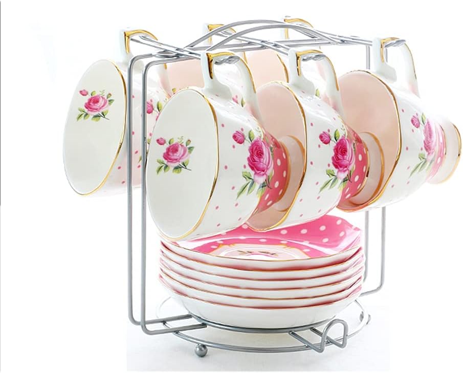 Tea Cup Set Tea Cup Set Ceramic Hand Crafted Porcelain Coffee Tea Cup Sets with 6 Saucer 6 Cups 6 Saucers 1Metal Stand for Tea Party Coffee Cup Set