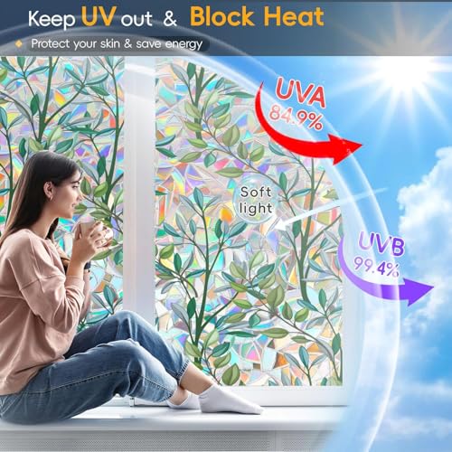 Image of Rainbow Privacy Film with Cutting Line, 3D Decals Stained Glass Window Clings, Static Cling Window Sticker, Suncatcher, 17.5 inch x 78.74 inch