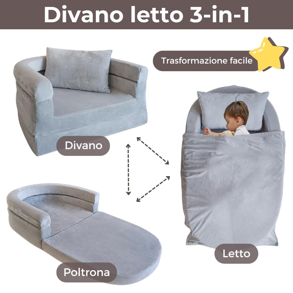 Divano in Schiuma per Bambini con Coperta & Cuscino, Divano Convertibile 3-in-1 Preassemblato per Piccoli, Poltrona Pieghevole da Interno & Letto da Pavimento Apribile per Ragazzi & Ragazze (Grigio)