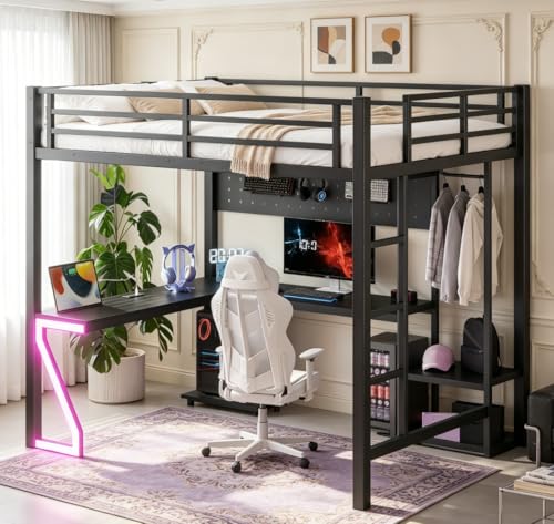 Image of Bellemave Full Size Loft Bed with Desk and USB Ports, Computer Tray, Peg Board LED, Metal Full Loft Bed Frame for Adults, Kids, Teens, Black