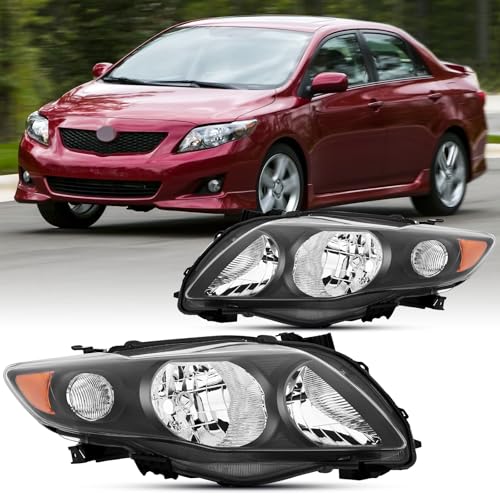 2PCS Headlights Assembly Dot Approved For 2009 2010 Toyota Corolla CE/XLE/LE/Base Replacement Headlamps Driver and Passenger Side Black Housing Amber Reflector