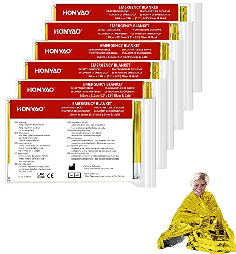 HONYAO Manta Termica Supervivencia 6 Piezas, Manta Termica Emergencia Oro Plata, 210 ×160 cm, MantaTermica para Rescate Protege del Frío, la Lluvia, el Viento