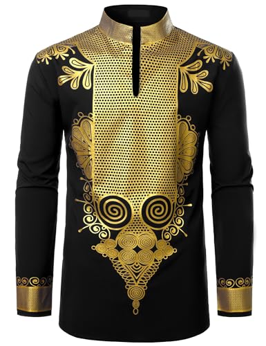 ZEROYAA Men's Africa Stand-up Collar Long Sleeve Dashiki Shiny Pattern Printed Dazzling Shirt