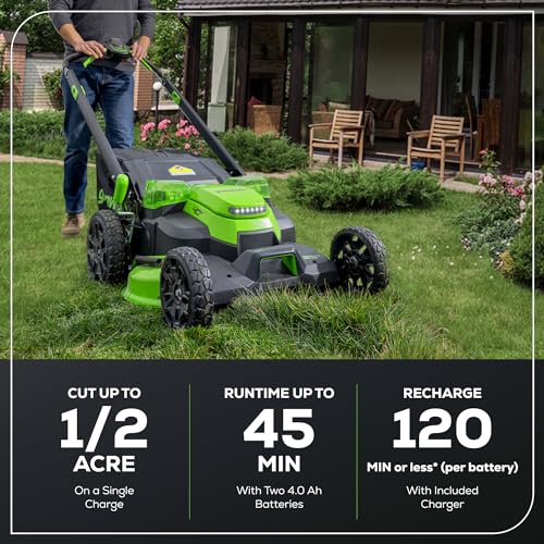 Image of Greenworks 40V 25 inch Brushless Cordless (Self-Propelled) Lawn Mower (75+ Compatible Tools), (2) 4.0Ah Batteries and Dual Port Rapid Charger Included