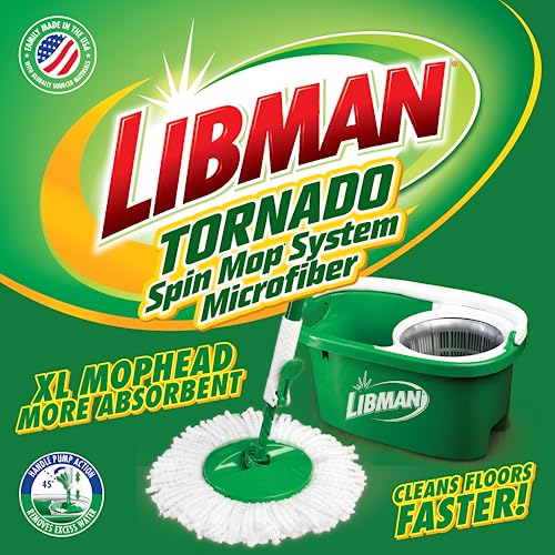 Libman Tornado Spin Mop System Plus 1 Cabezal de Recambio. El Sistema Total de trapeador Incluye Cabezal de Microfibra Resistente, Mango Resistente y 1 Cabezal de Repuesto Adicional, Seguro en Todas