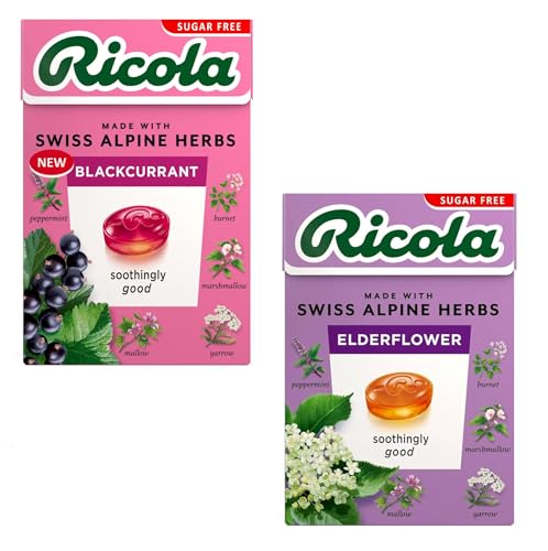 Ricola Sugar Free Elderflower & Ricola Blackcurrent | Swiss Herb Lozenges Drops | Ricola Candy | Herbal Candy | Sugar Free Mint Drop | Herbal Sweet (2 x 40g)