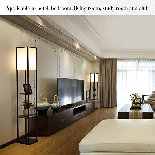 LED Shelf Floor Lamp Simple Design Modern Standing Lamp Floor with Soft Diffused Uplight Asian Style Wooden Frame with Convenient Open Box Display Shelves Black