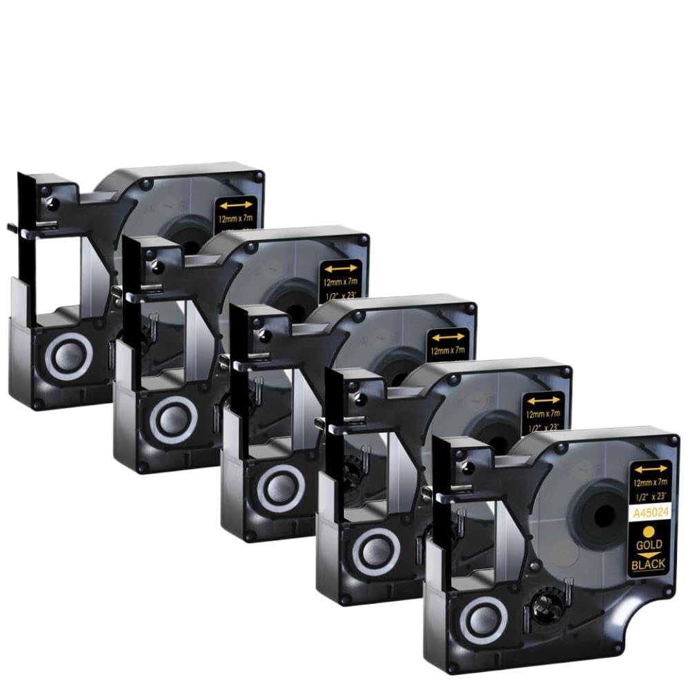 Nastro Etichetta Compatibile da 5pk per D1 45013 45010 45018 45803 45023 45024 per etichettale 160 280 stampanti di Etichetta in 6 9 12 19 24mm(Gold on Black)