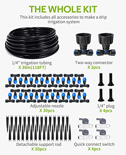 Hiraliy 118Ft Greenhouse Mist Drip Irrigation Kit, Hanging Plant Watering System, Garden Watering System With 1/4" Blank Tubing And Misting Nozzles, Quick Connector Design Automatic Irrigation System #TOP4