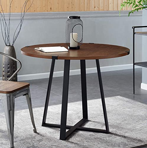 Walker Edison 4 Person Round Industrial Modern Wood Small Dining Table Dining Room Kitchen Table Set Dining Chairs Set, 40 Inch, Dark Walnut And Black #TOP2