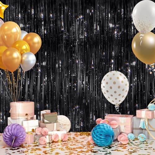 Image of GCB 2Pack Black Metallic Tinsel Foil Fringe Curtains, Black Foil Curtain Backdrop, Photo Booth Props for Birthday Wedding Baby Shower Bachelorette Xmas Celebration Party Decorations Door Streamers