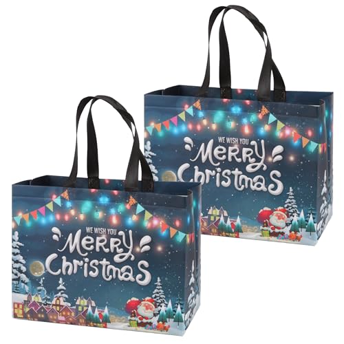 DERAYEE クリスマス ラッピング袋 不織布 32x25cm 2枚入り 手提げ袋 マチ広 大容量 おしゃれ 雪だるま サンタクロース 飾り 収納 プレゼント用 ギフトバッグ (Merry Chrismas, 32x25cm)