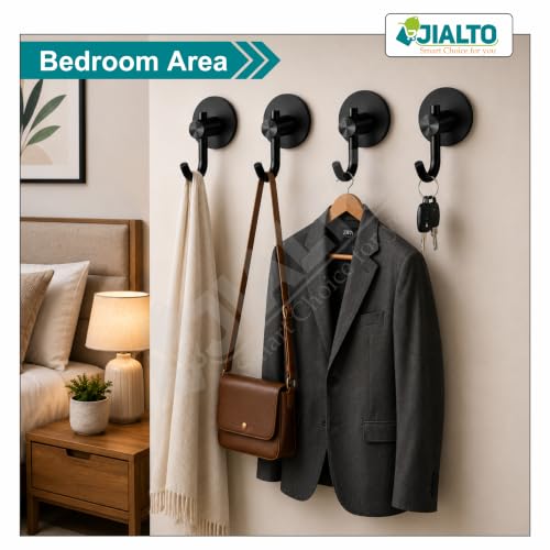 Image of JIALTO 2 Pcs Self-Adhesive Stainless Steel Hooks Heavy-Duty Wall Hanging for Bathroom & Kitchen, Drill-Free, Strong Coat /Towel Wall Hooks (Big Round Black Hook)