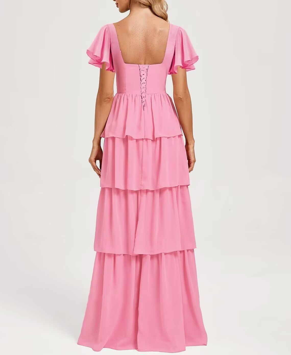 Kurzarm Chiffon Abendkleider Elegant für Hochzeit,Gestufte A-Linie Brautjungfernkleider Lang für Damen Maxi Beach Festliche Kleider für Hochzeitsgäste