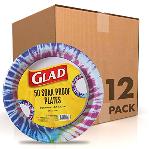 Glad Everyday Round Disposable 85 Paper Plates with Tie Dye DesignHeavy Duty Soak ProofCutResistantMicrowavable Paper Plates