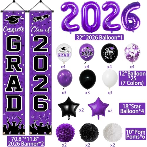 Image of 2026 Graduation Decorations, Purple Themed Class of 2026 Decorations Set, Congrats Grad Backdrop, Photo Banner, Door Banner, Balloons and Pom Poms Supplies for High School College Graduation Party