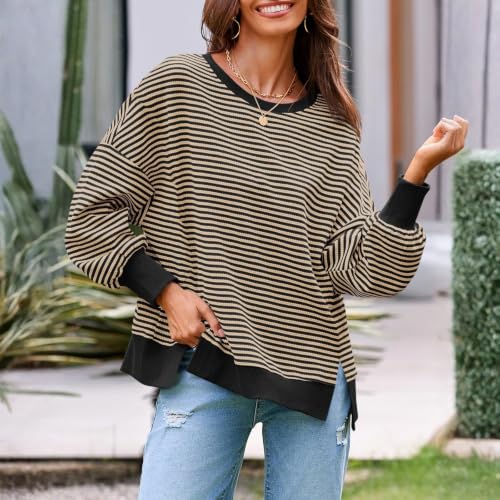 Striped Sweater Women Waffle Knit Long Sleeve Oversized Fall Sweatshirt - image 3