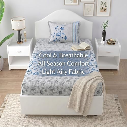 Image of Mafatlal 186 TC Spring Glory Graceful Pure Cotton Single Flatsheet (60 x 90 Inch) | Breathable Summer Comfort | Wrinkle-Free Floral Bedsheet with 1 Pillow Cover, Floral Blue