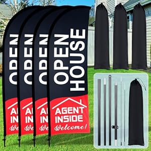 Buryeah 4 Pack Open House Flags Signs for Real Estate Agents 7×5.4 Ft Feather Flag Sign with Flagpole Ground Stake Portable Bag Real Estate Flags Opening Signs Banner Set for Business(Black)