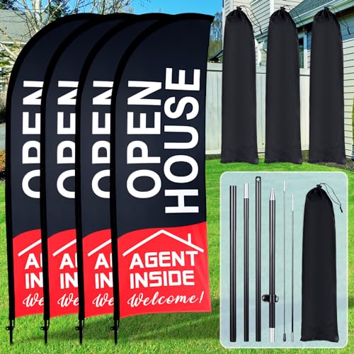 Buryeah 4 Pack Open House Flags Signs for Real Estate Agents 7x5.4 Ft Feather Flag Sign with Flagpole Ground Stake Portable Bag Real Estate Flags Opening Signs Banner Set for Business(Black)
