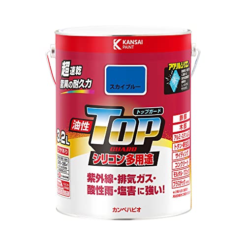 カンペハピオ ペンキ 塗料 油性 つやあり シリコン樹脂 多用途 超速乾 さび止め剤入り トップガード スカイブルー 3.2L 油性塗料 日本製 00017640641032