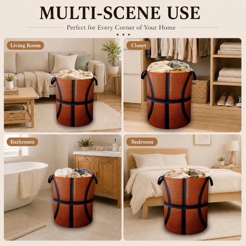 Image of Basketball Texture Laundry Basket with Handles, Foldable Tall Oxford Clothes Hamper, Lightweight Water-Resistant Storage Bin for Bedroom Bathroom College Dorm, 16 x 20.8 Inch