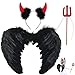 Produktbild LGZIN Federflügel Schwarz mit Teufel Horn Rot und Zauberstab, Engel Kostüm, Federflügel Teufel, Halloween Schwarzer Teufel, Engelsflügel Party Kostüm, Teufel Flügel für Halloween Karneval Cosplay