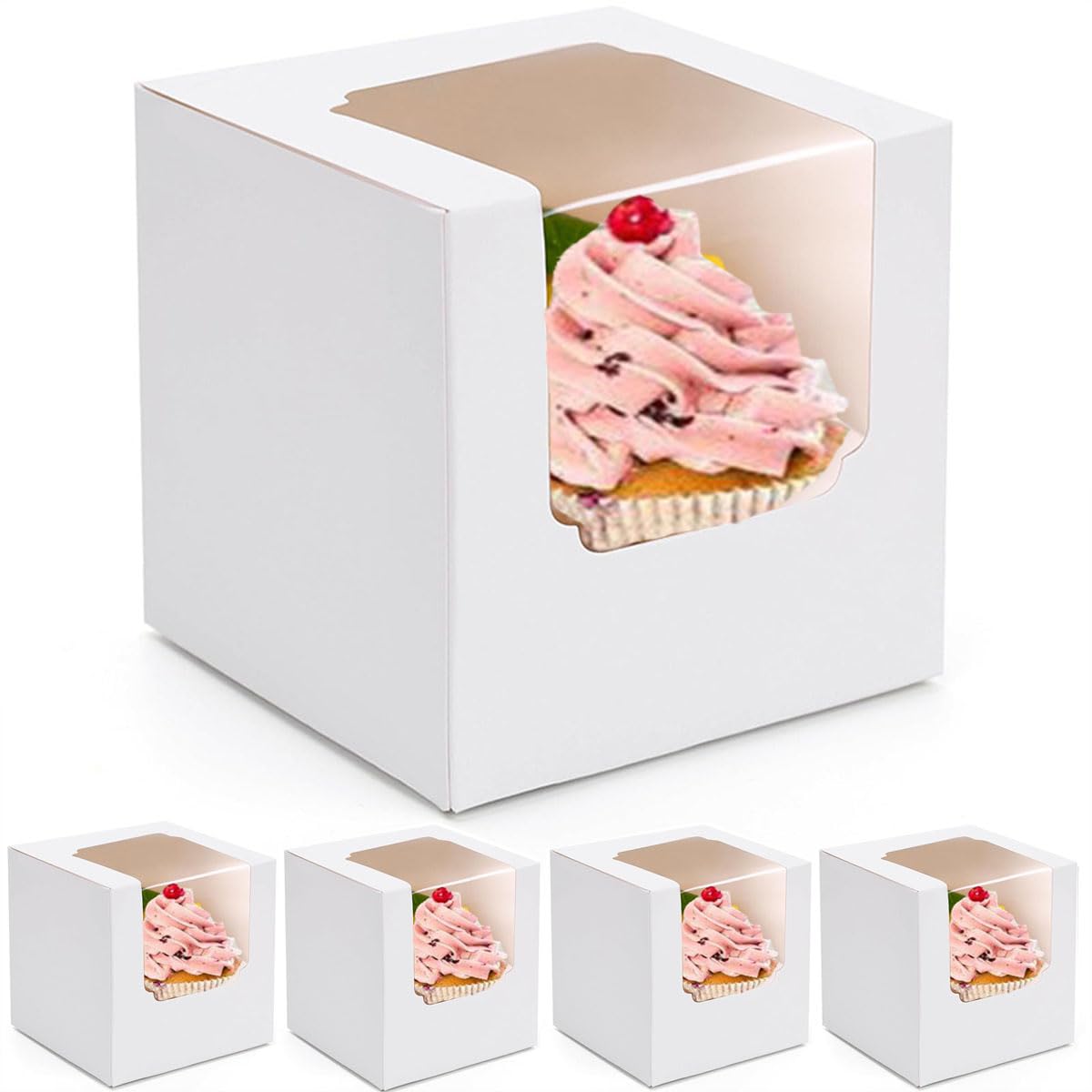 Mistari 50 Pack Individual Cupcake Containers Translucent Paper Cupcake Boxes Disposable Cupcake Holders Cupcake Carrier (White)