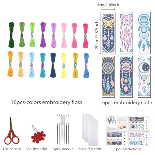 Image of FREEBLOSS 6 Set Cross Stitch Bookmark Kits Dreamcatcher Pattern Stamped Embroidery Kit Stitch Bookmarks DIY Book Marks Printed Cross Stitch Kits with Instructions for Beginners Adults 8''x2.4''