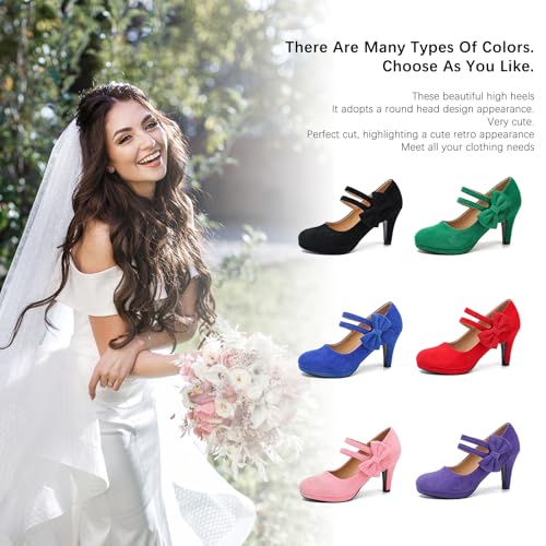 Women's Mary Jane Bow Heels Pumps Round Closed Toe Kitten Heel Double Ankle Strap Wedding Office Work Dress Shoes Red Velvet-46US 114