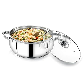 Avias INOX IB Belly Stainless Steel Cookpot with Glass Lid, Triply Induction Bottom, Multi Purpose Cooking Pot, Gas & Induction Compatible, Durable & Long Lasting 14cm