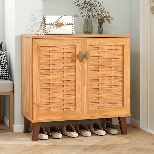 Tangkula Shoe Storage Cabinet, 4-Tier Farmhouse Shoe Organizer w/ 3 Removable Shelves, Rustic Freestanding Shoe Cabinet Storage for Entryway, Hallway, Living Room, Teak