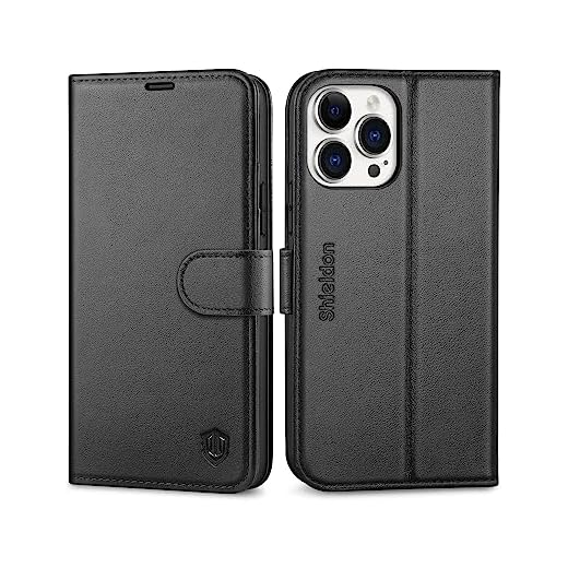 SHIELDON Plånboksfodral för iPhone 13 Pro Max, äkta läder magnetiskt flipfodral med TPU stöttåliga kortplatser RFID-blockering stativ folio fodral kompatibel med iPhone 13 Pro Max 6,7 tum 5G 2021, svart