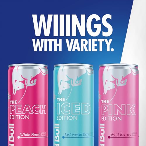 Image of Red Bull Energy Drink Variety Pack, Peach, Iced Vanilla Berry, Pink, with 80mg Caffeine, Taurine & B Vitamins, 8.4 fl. oz, Pack of 12 Cans