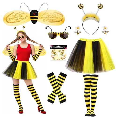 WZBBJuser Lot de 8 Déguisement Abeille Femme, Costume Abeille Adulte avec Jupe, Ailes, Serre-tête, Bas Rayés, Gants Sans Doigts, Autocollants Visage, Boucles d’Oreilles et Lunettes, Carnaval Cosplay