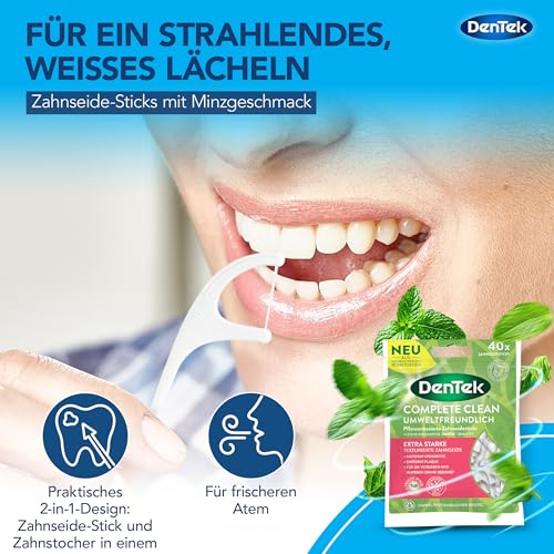 DenTek Eco Complete Clean Zahnseide Stick 40 Stk – pflanzenbasierte Zahnreinigung mit Minzgeschmack – Zahn Reinigung mit Fluorid – umweltfreundlich und reißfest – vegan und GMO-frei