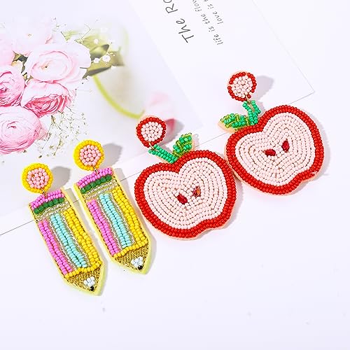2 Pairs Teacher Earrings for Women Beaded Apple Pencil Drop Dangle Earrings Funny Back To School Jewelry Gifts for Teacher Appreciation2