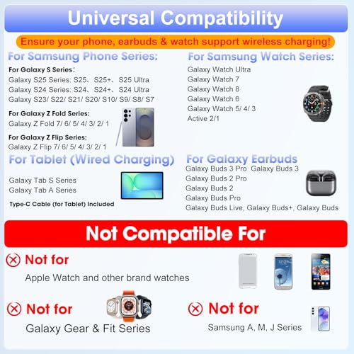 Image of 30W Tablet Wireless Charger for Samsung, Foldable Android Charging Station with Clock Display with 7-Color Light, Wireless Watch Charger for S25, Only Compatible Samsung Watch, Galaxy Buds3 Pro(White)