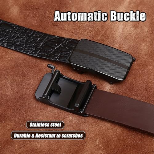 Automatic Buckle Dress Ratchet Belts for Men, Adjustable Genuine Leather Belt with Crocodile Pattern,A Brown,105CM/41.3''3