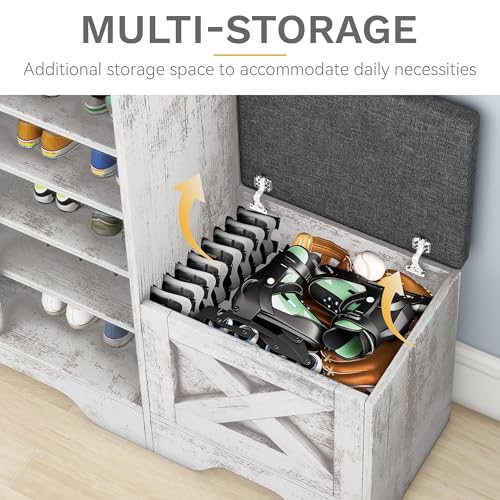 DWVO Farmhouse Shoe Cabinet with Shoe Bench & Sliding Door,5-Tier Shoe Storage Cabinet with Adjustable Shelves for 20 Pairs for Entryway, Hallway, Living Room(Embossed White)