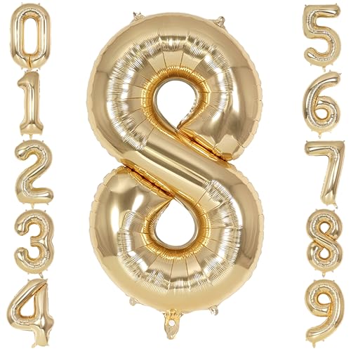 Image of Champagne Gold Large Number 8 Balloon, 40 Inch Light Gold Foil Helium Number Balloons, Giant Mylar Number 8 Balloons for 8 Years Old Birthday Party Anniversary Decorations