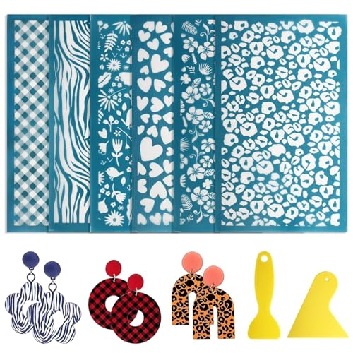 EEEKit 6 Stück Siebdruckschablonen, 5,90 * 3,54 Zoll Schablonen Clay Tools Kit, Wiederverwendbares Siebdruck Set mit 2 Schabern für DIY Polymer Clay, Schmuckherstellung, Dekoration von Ohrringen