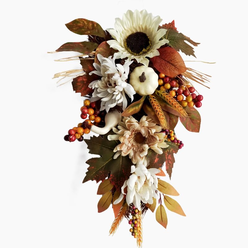 Artificial Fall Teardrop Swag Hanging Teardrop Swag Autumn Swags Fall Wreaths with Pumpkin Maple Leaves for Thanksgiving Fall Front Door Window Wall Porch Eaves Doorways Festivals Decor