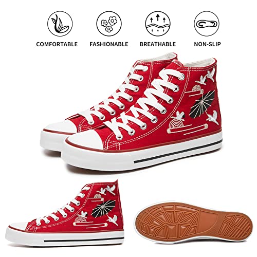 Hash Bubbie Women's High Top Sneakers Classic High Tops Canvas Shoes For Women Lace Up Tennis Shoes Fashion Canvas Sneakers Casual Shoes For Walking（Red Embroidery.us11） #TOP3