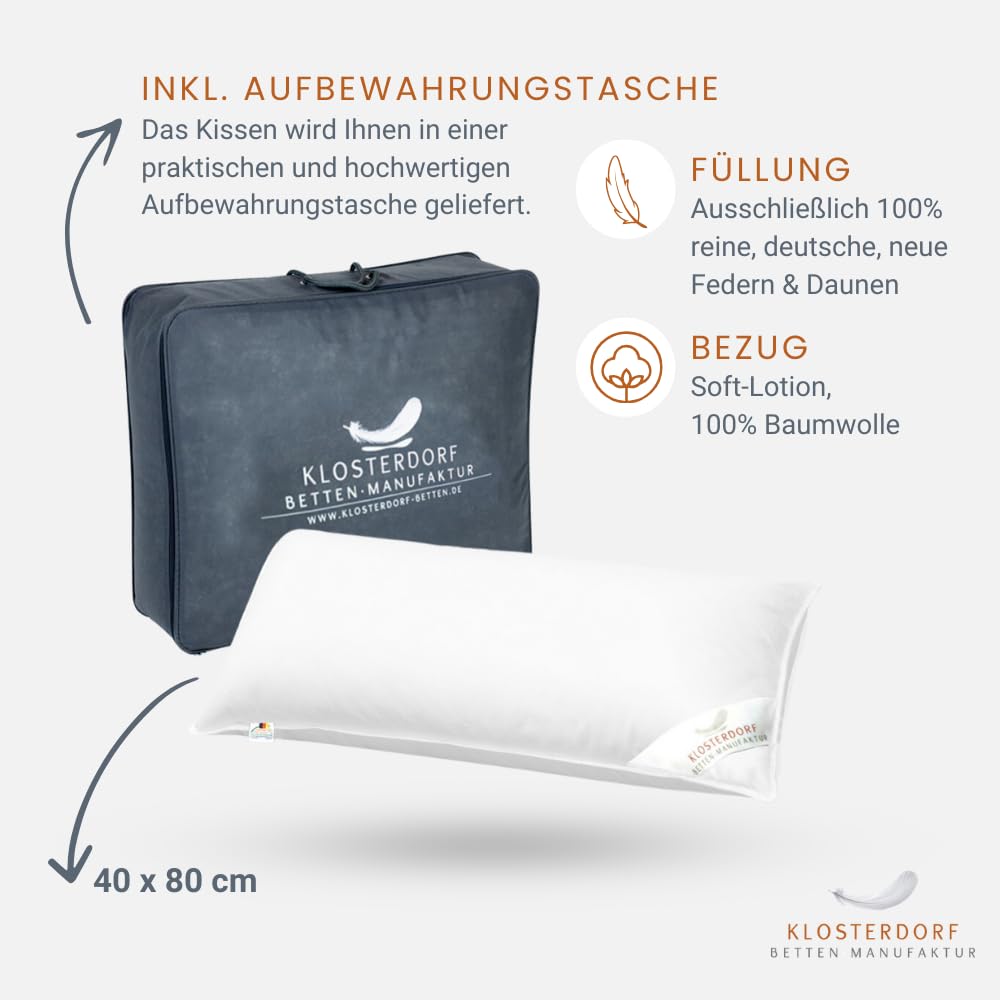 Klosterdorf Bettenmanufaktur Premium Dreikammer Kopfkissen ''fürstlich'' - 40x80 cm - 500 Gramm - Handarbeit aus Deutschland - Gesund schlafen - Daunenkopfkissen Daunenkissen 3-Kammer Kissen